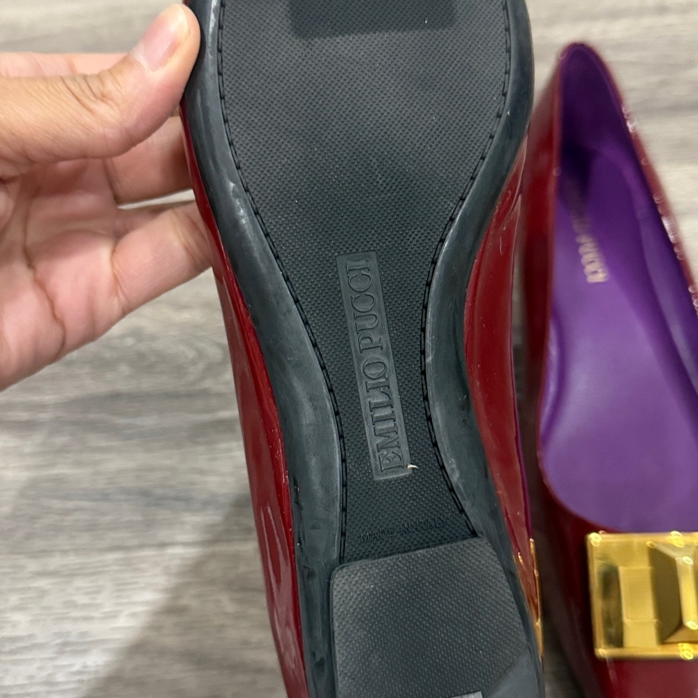 Emilio Pucci Burgundy Flats with Gold Buckle Patent Leather Ballerina Shoes - Picture 7 of 8